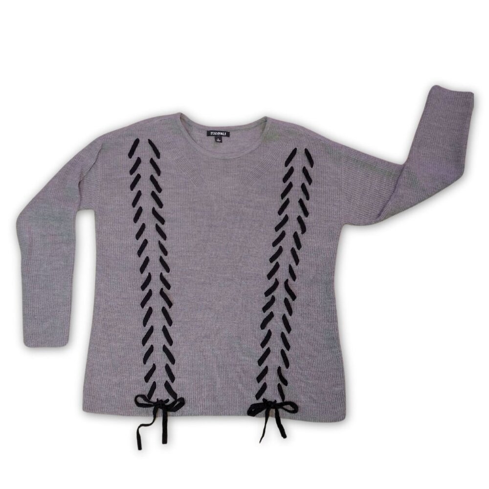 Womens Roz & Ali braided bow Crew Neck Grey Cozy Sweater Lacing Trim Y2K Size L